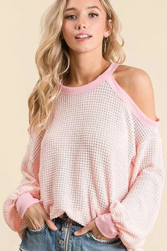 BiBi Popcorn Waffle Top With Cold Shoulder Detail For Casual Chic Trendsi