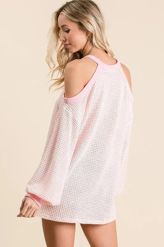 BiBi Popcorn Waffle Top With Cold Shoulder Detail For Casual Chic Trendsi