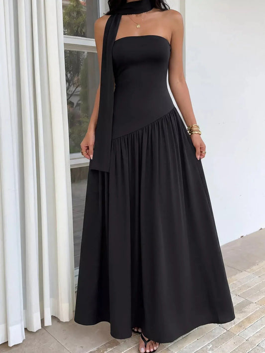 Black Stretch Maxi Tube Dress with Slit and Scarf Trendsi
