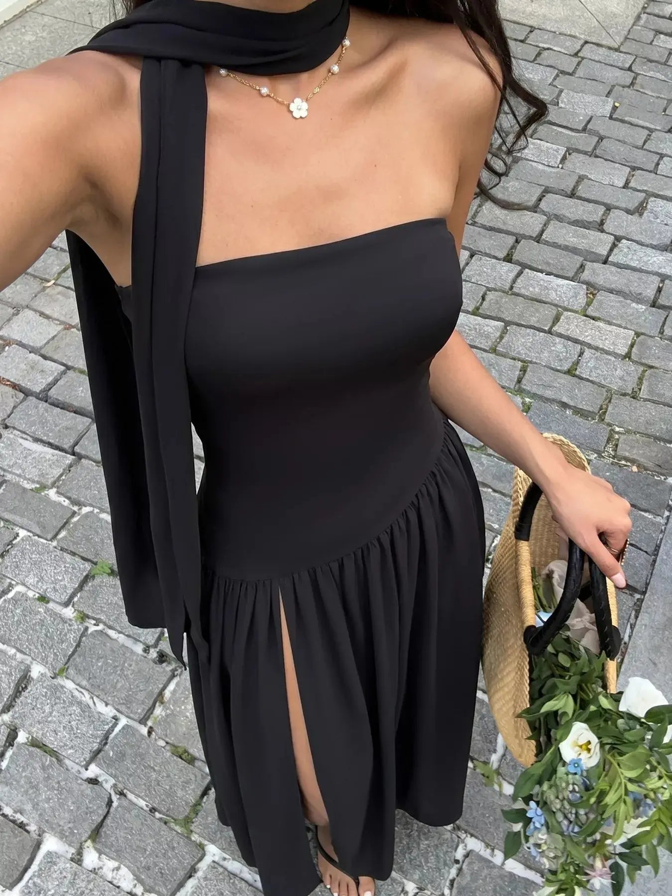 Black Stretch Maxi Tube Dress with Slit and Scarf Trendsi