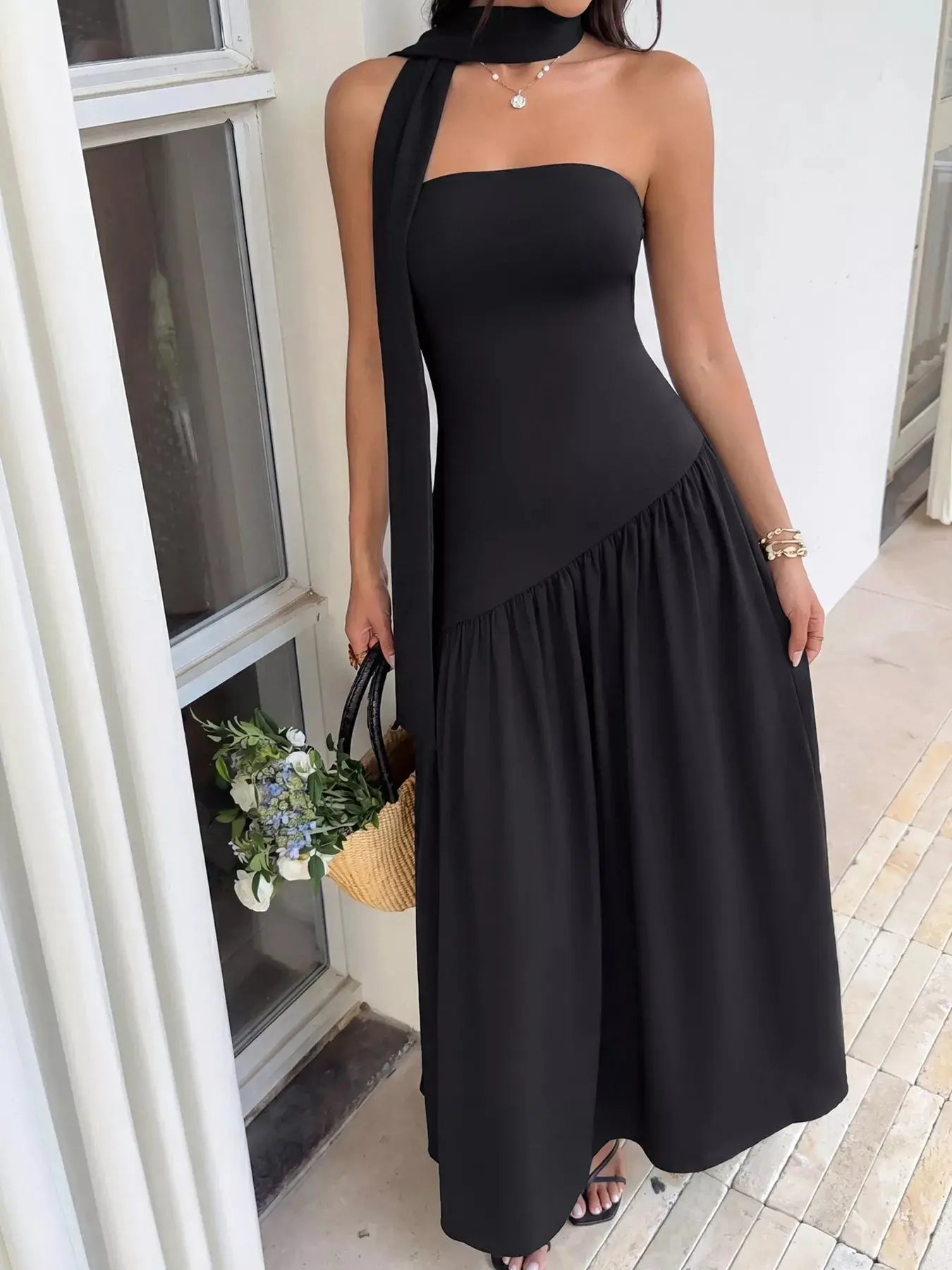 Black Stretch Maxi Tube Dress with Slit and Scarf Trendsi