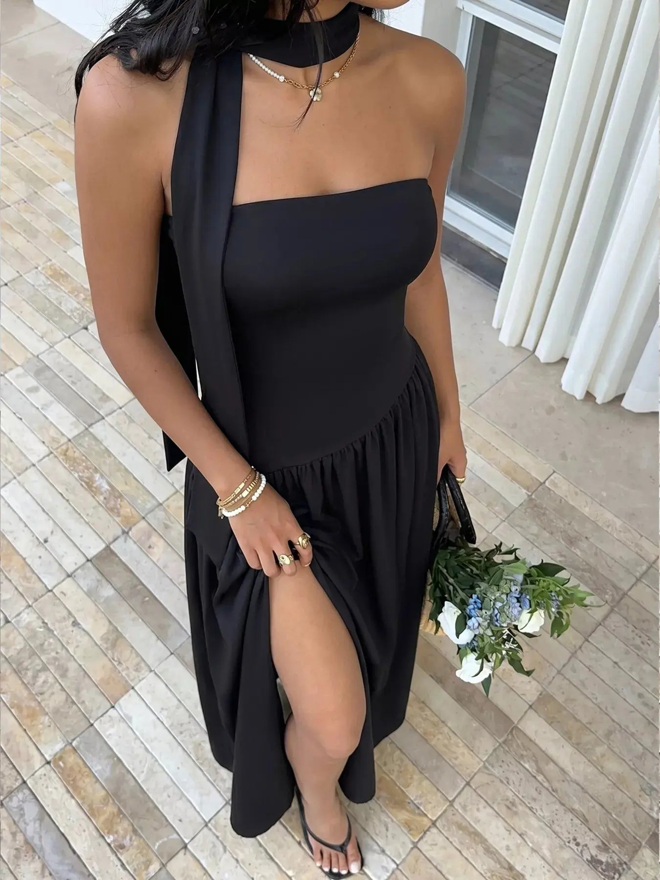 Black Stretch Maxi Tube Dress with Slit and Scarf Trendsi