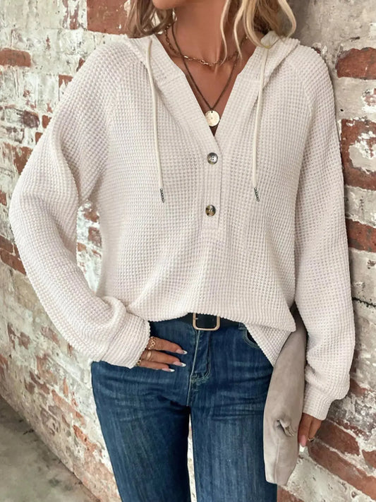 Button Detail Waffle Knit Hoodie Plus Size Trendsi
