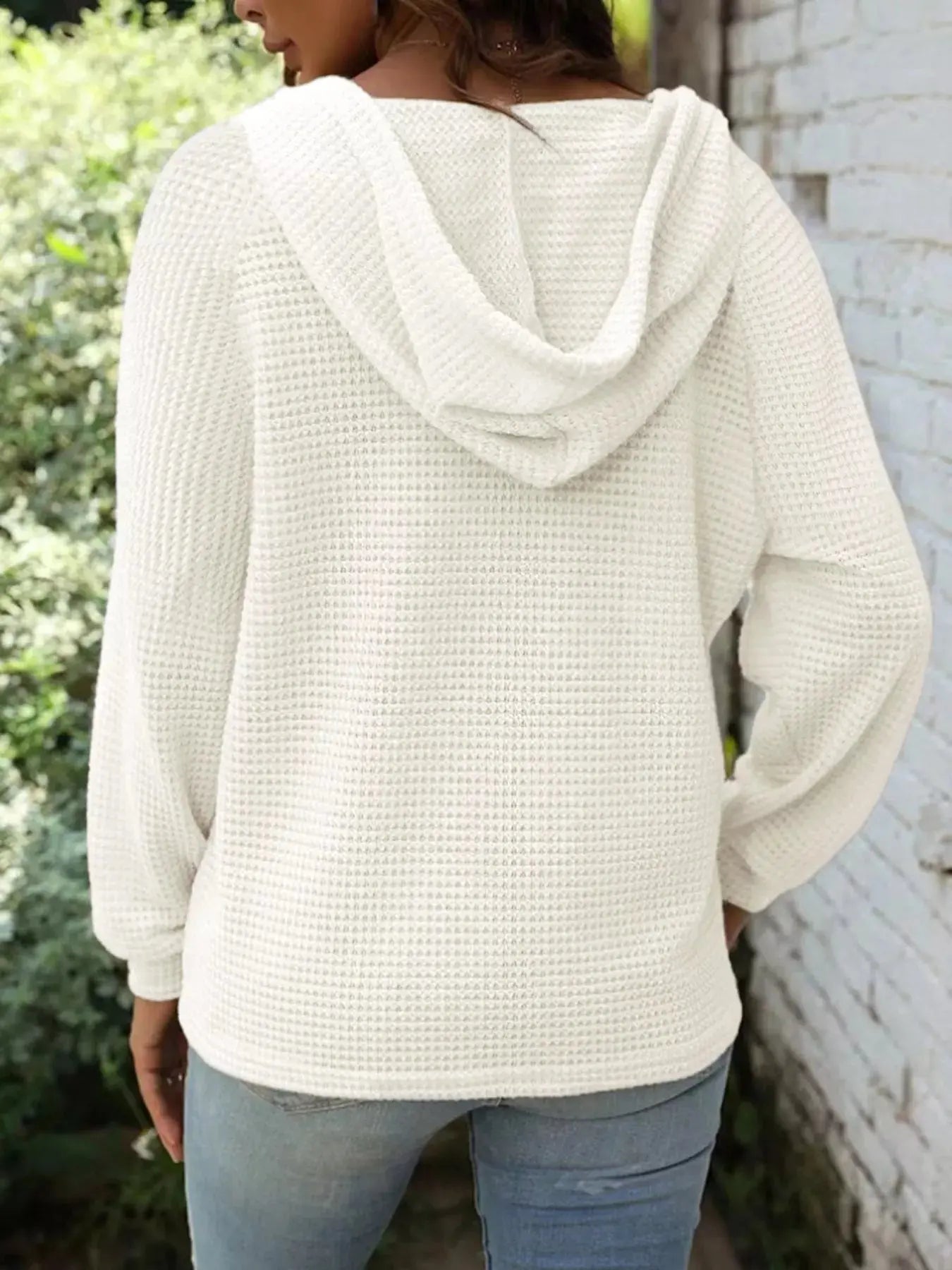 Button Detail Waffle Knit Hoodie Plus Size Trendsi