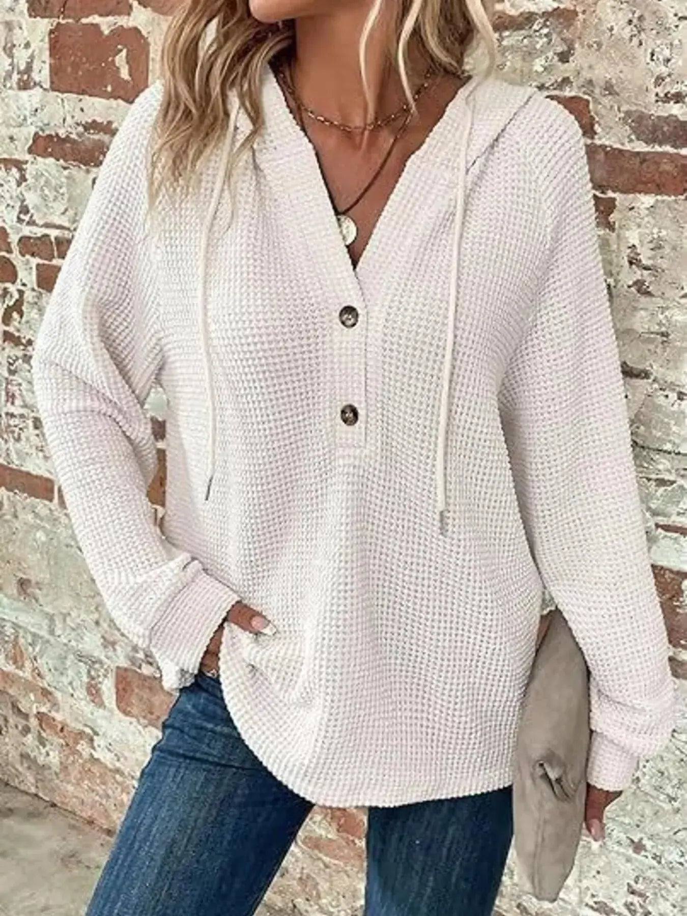 Button Detail Waffle Knit Hoodie Plus Size Trendsi