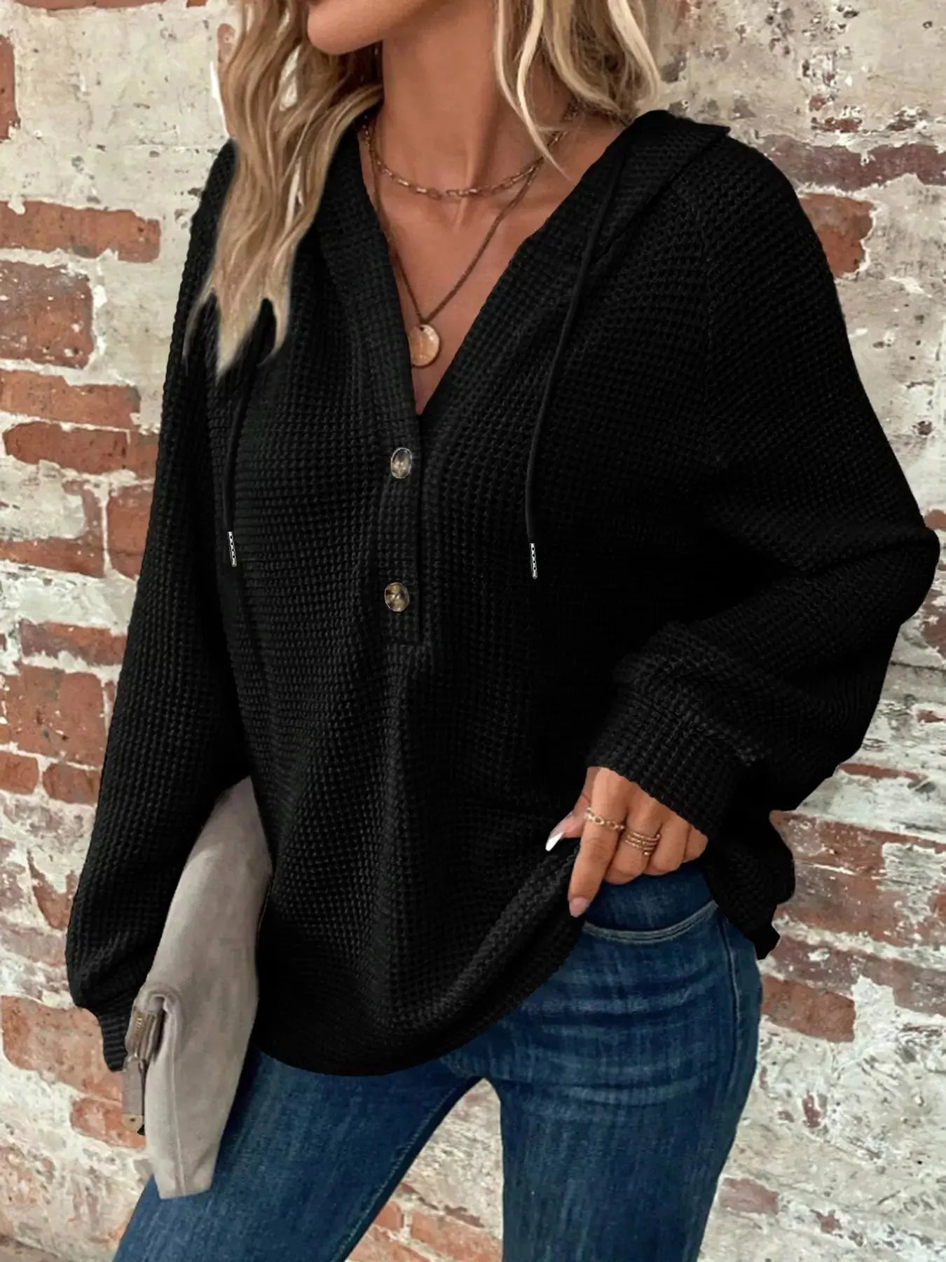 Button Detail Waffle Knit Hoodie Plus Size Trendsi