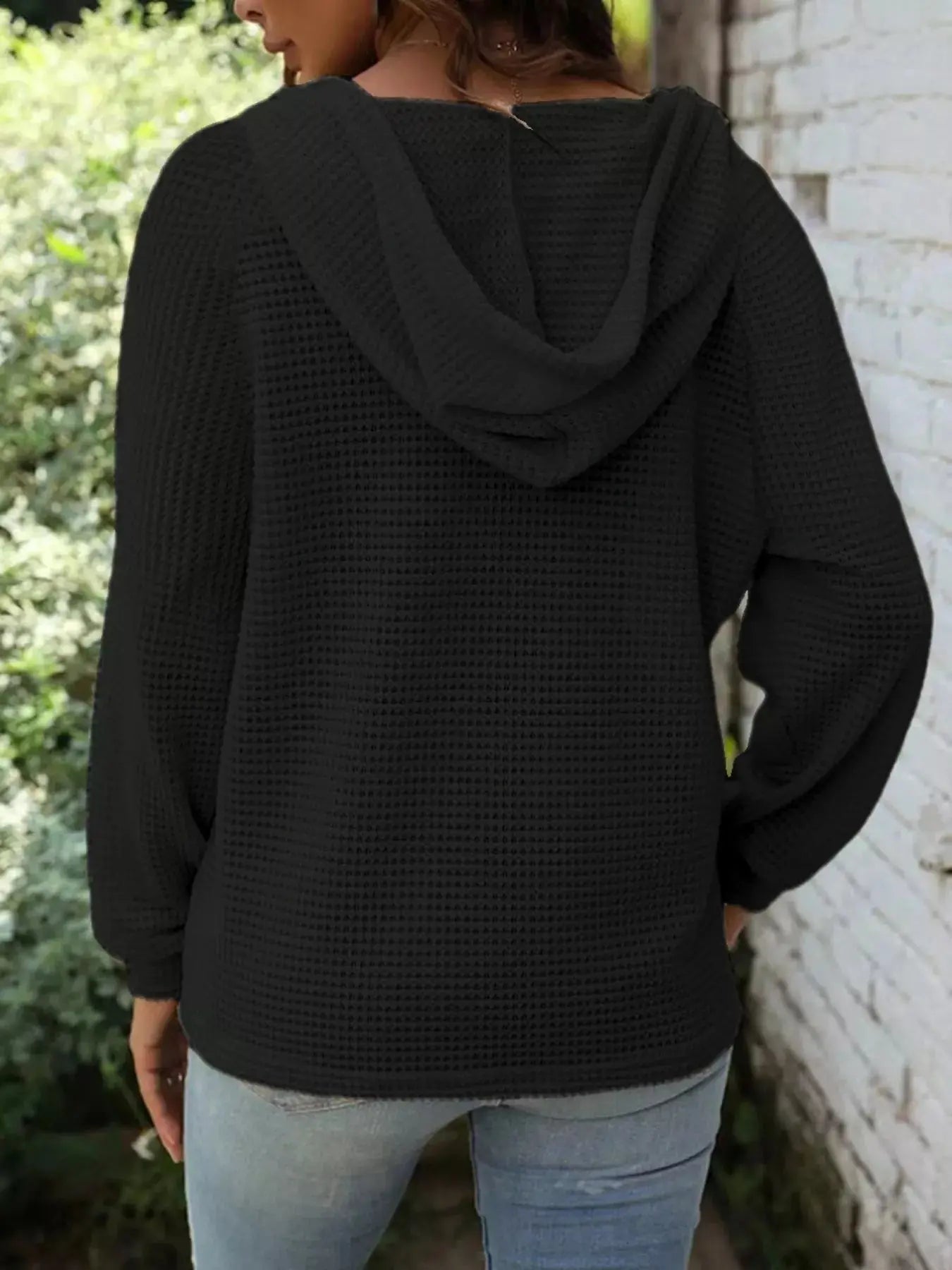 Button Detail Waffle Knit Hoodie Plus Size Trendsi