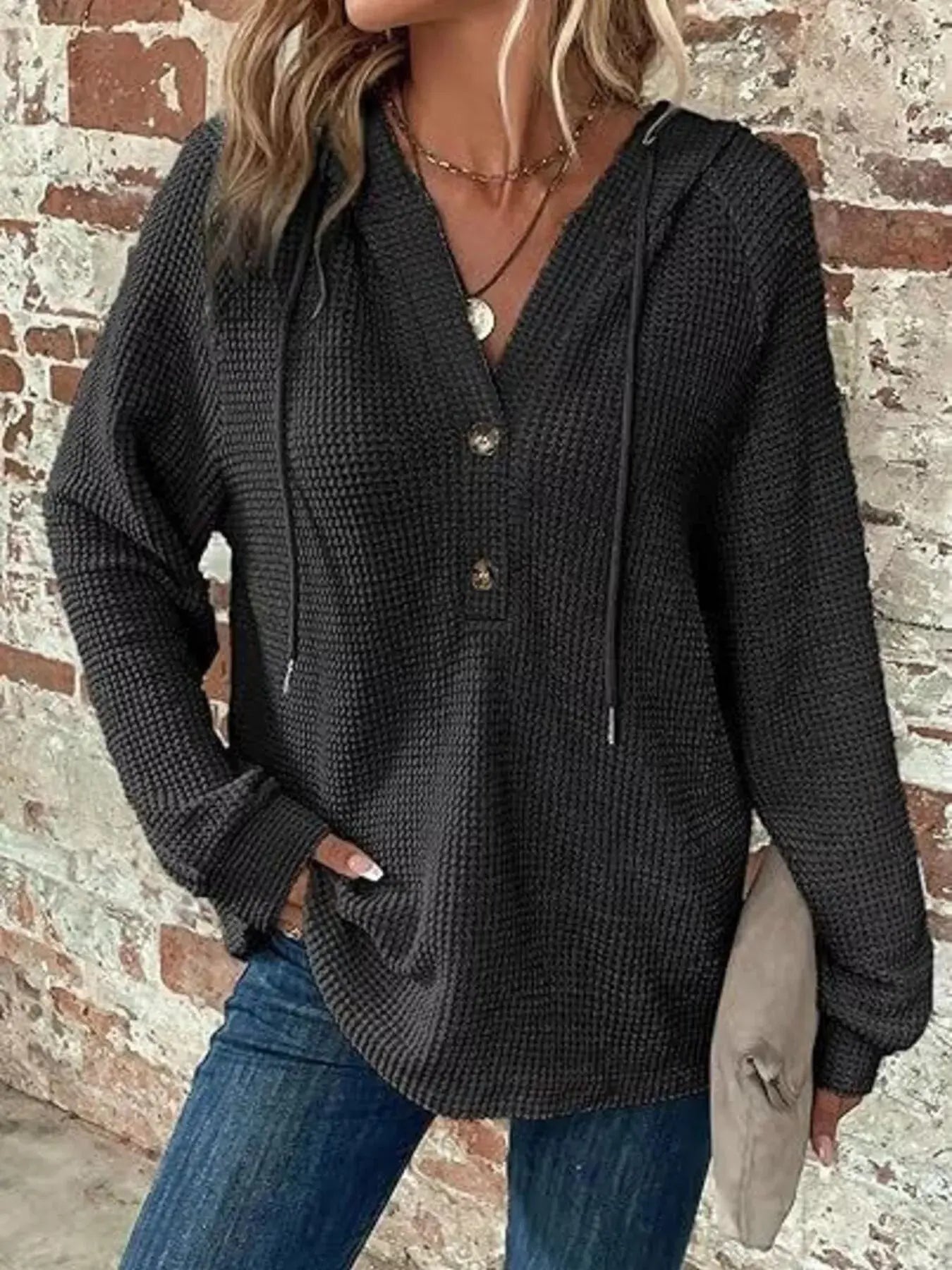 Button Detail Waffle Knit Hoodie Plus Size Trendsi