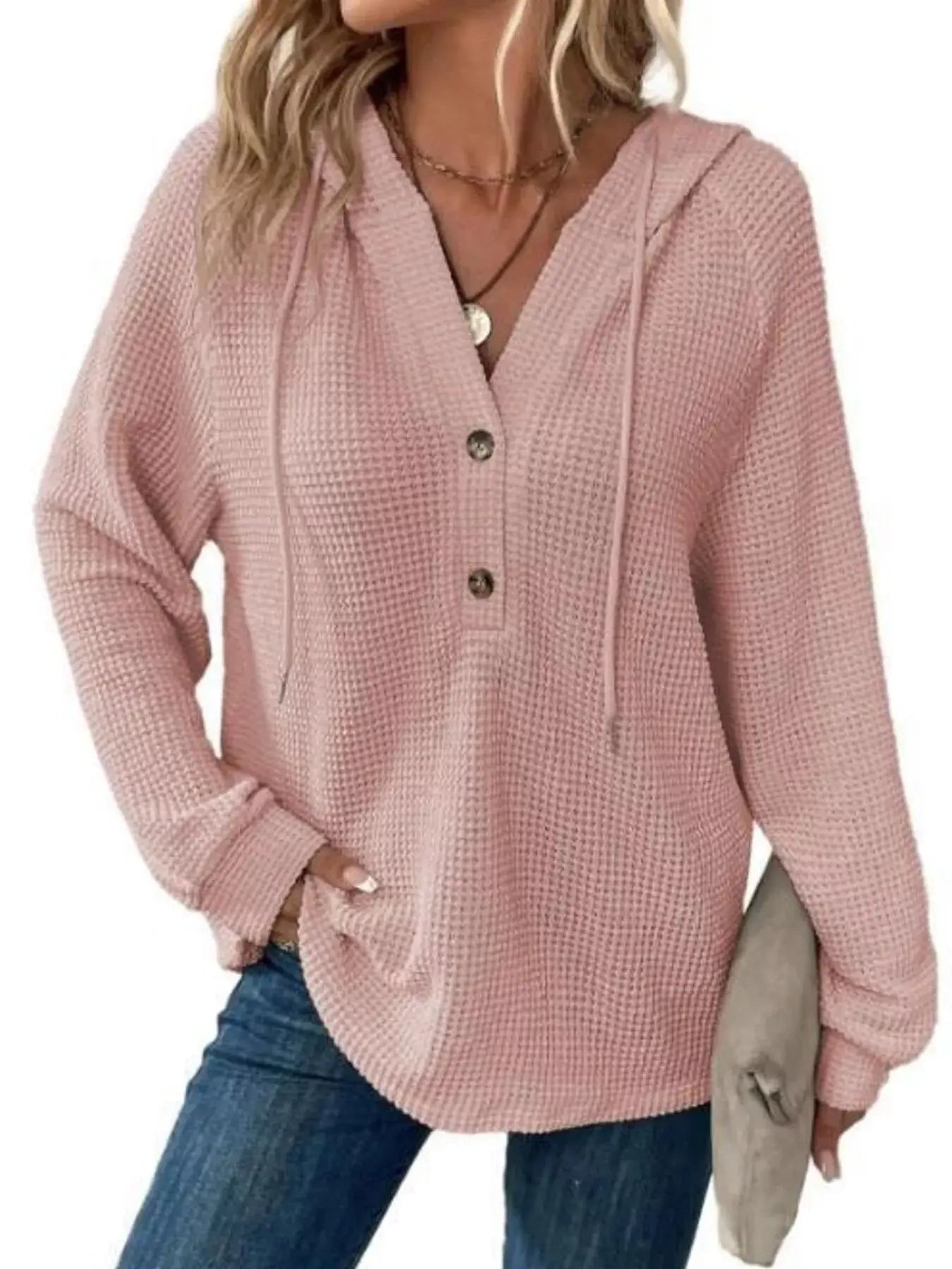 Button Detail Waffle Knit Hoodie Plus Size Trendsi