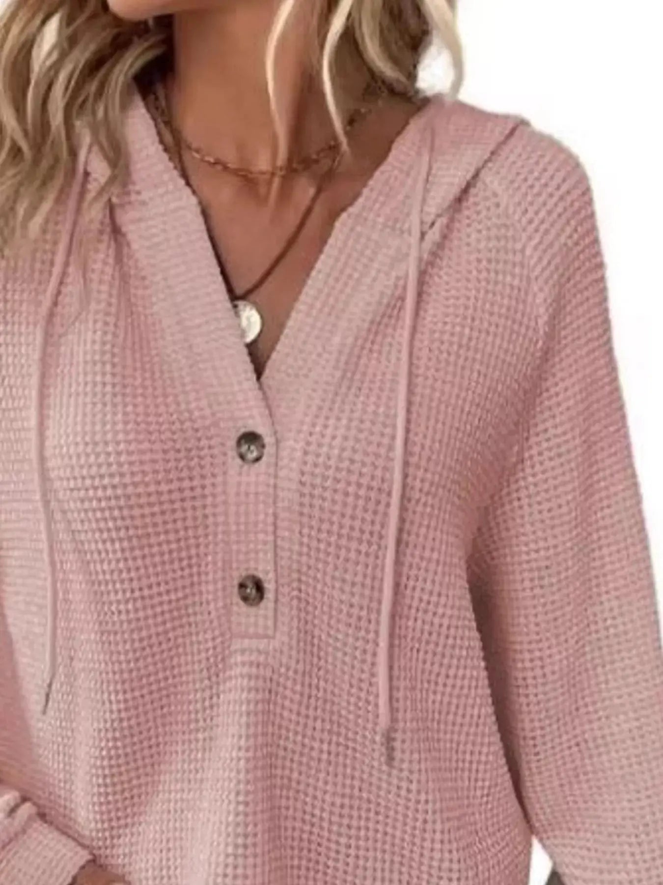 Button Detail Waffle Knit Hoodie Plus Size Trendsi