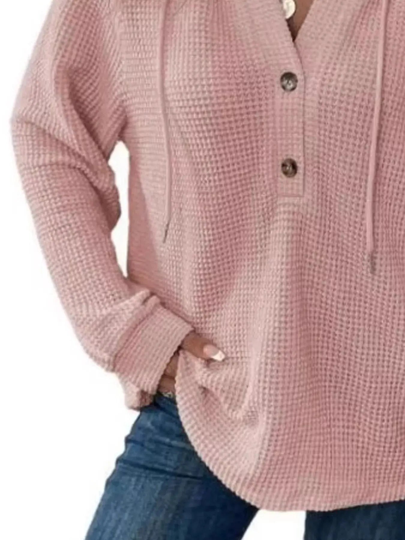 Button Detail Waffle Knit Hoodie Plus Size Trendsi