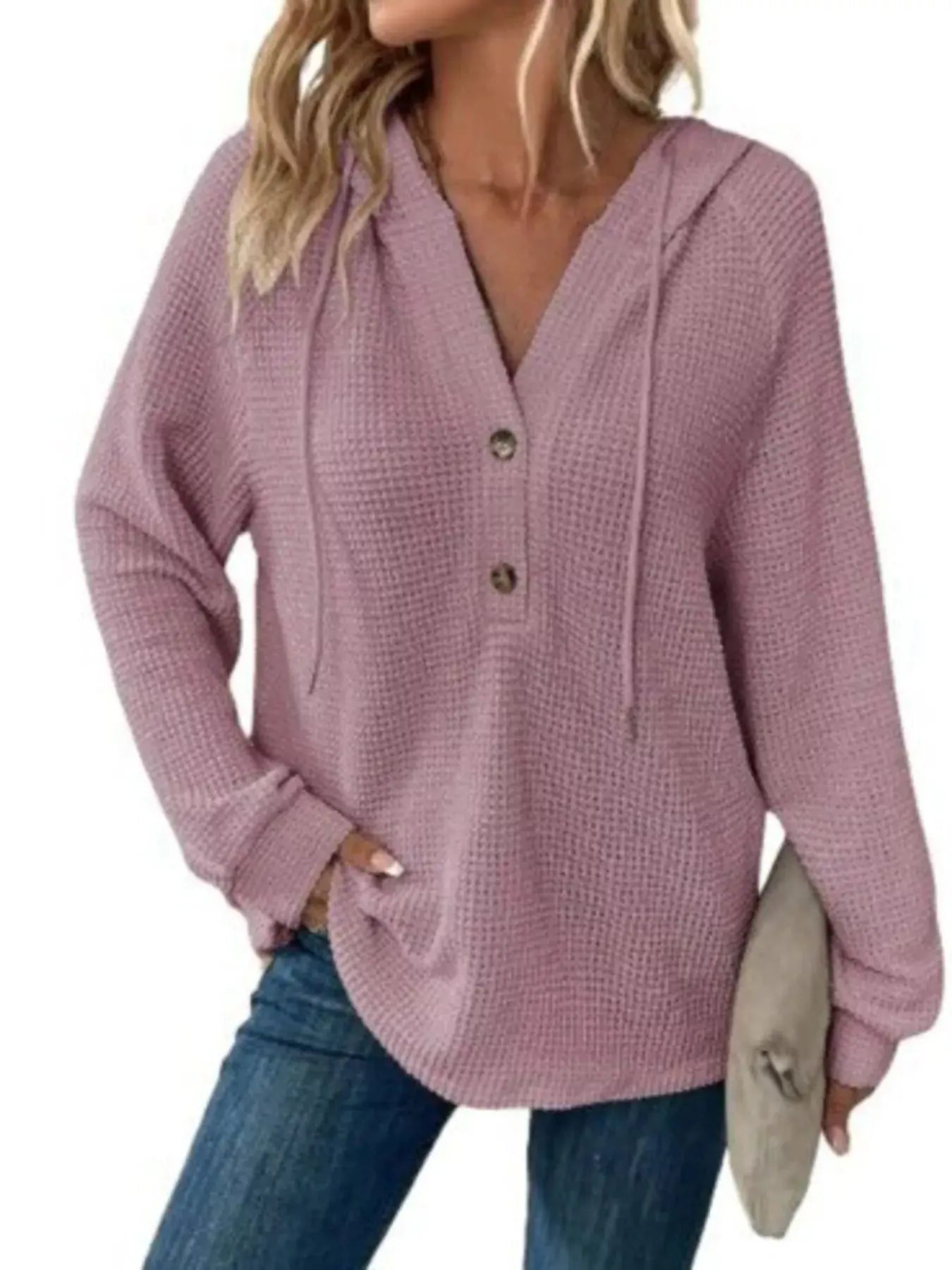 Button Detail Waffle Knit Hoodie Plus Size Trendsi
