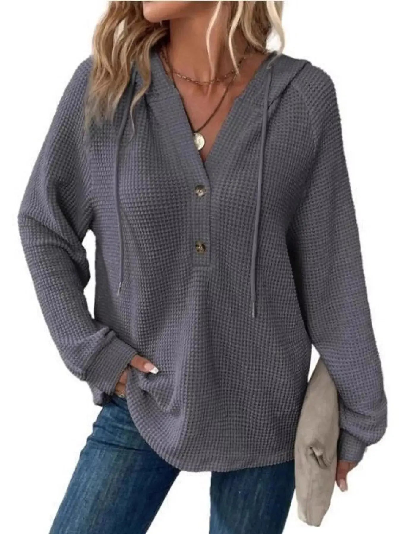 Button Detail Waffle Knit Hoodie Plus Size Trendsi