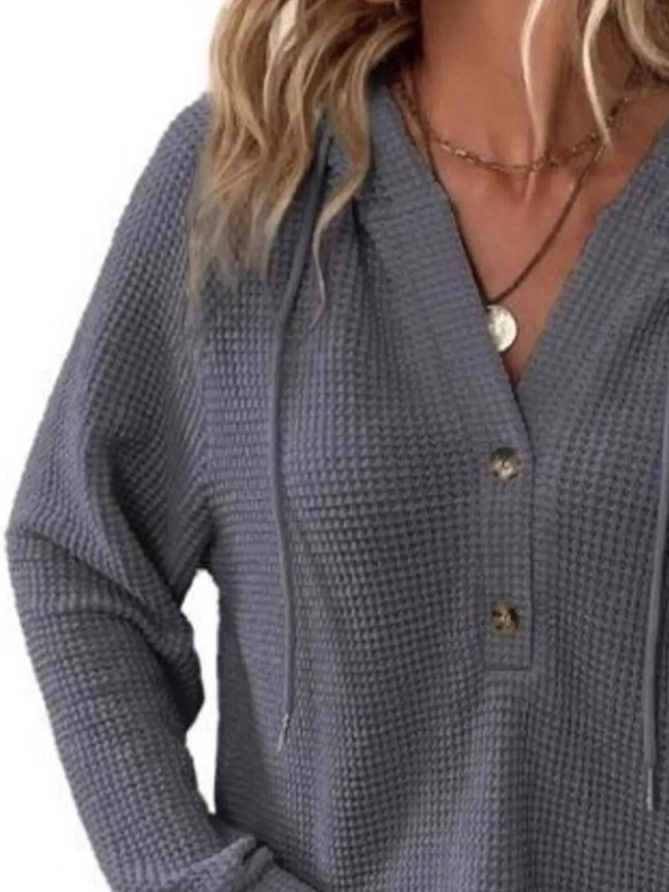 Button Detail Waffle Knit Hoodie Plus Size Trendsi