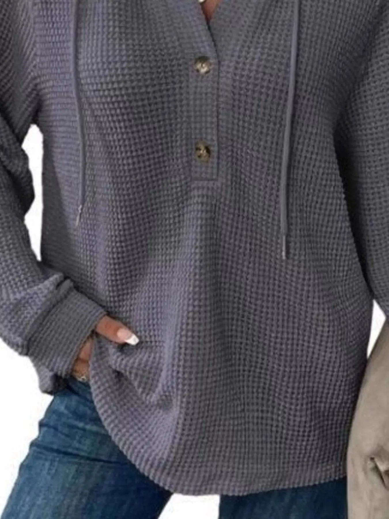 Button Detail Waffle Knit Hoodie Plus Size Trendsi
