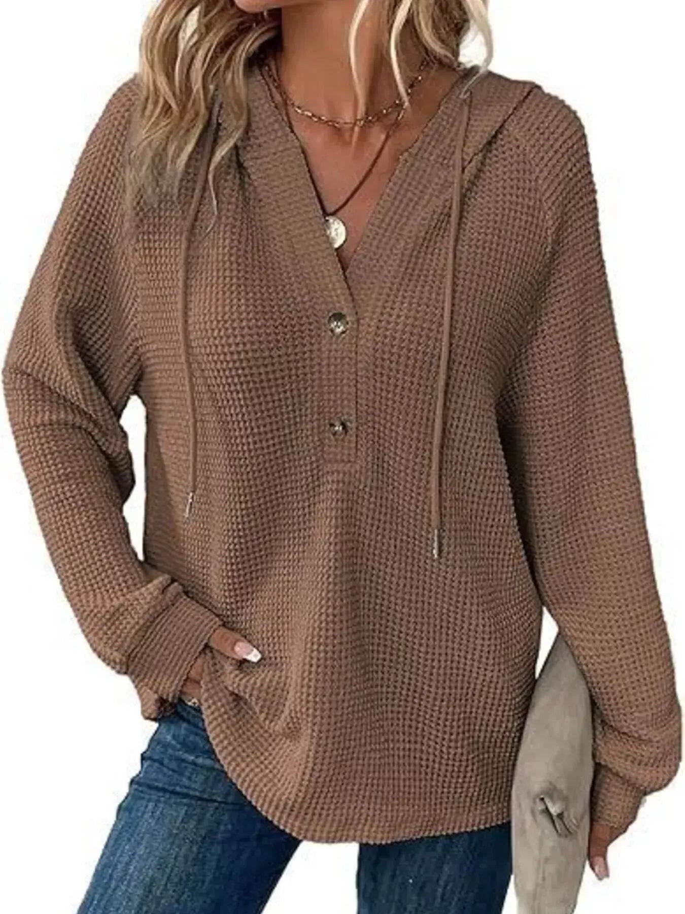 Button Detail Waffle Knit Hoodie Plus Size Trendsi