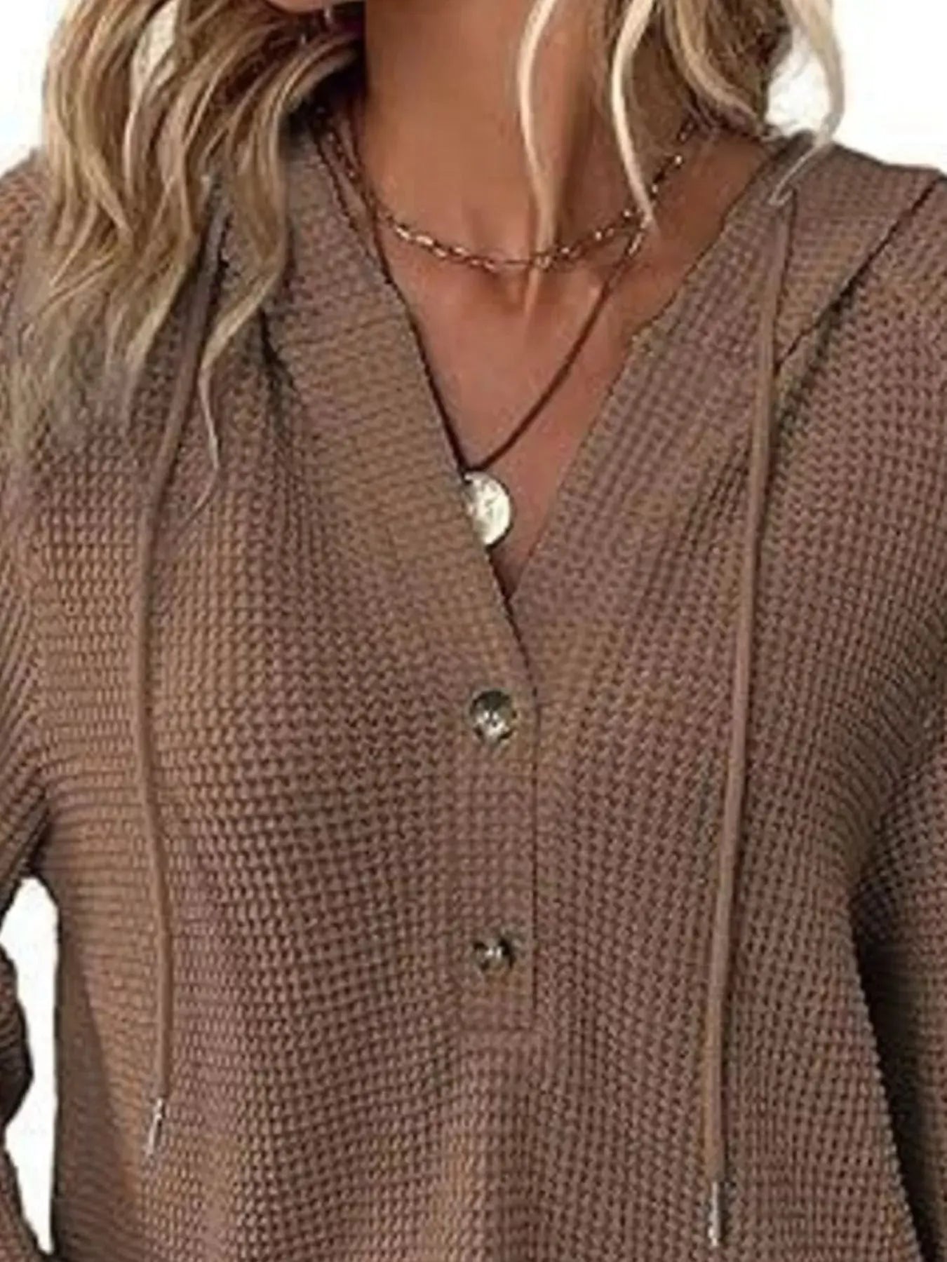 Button Detail Waffle Knit Hoodie Plus Size Trendsi