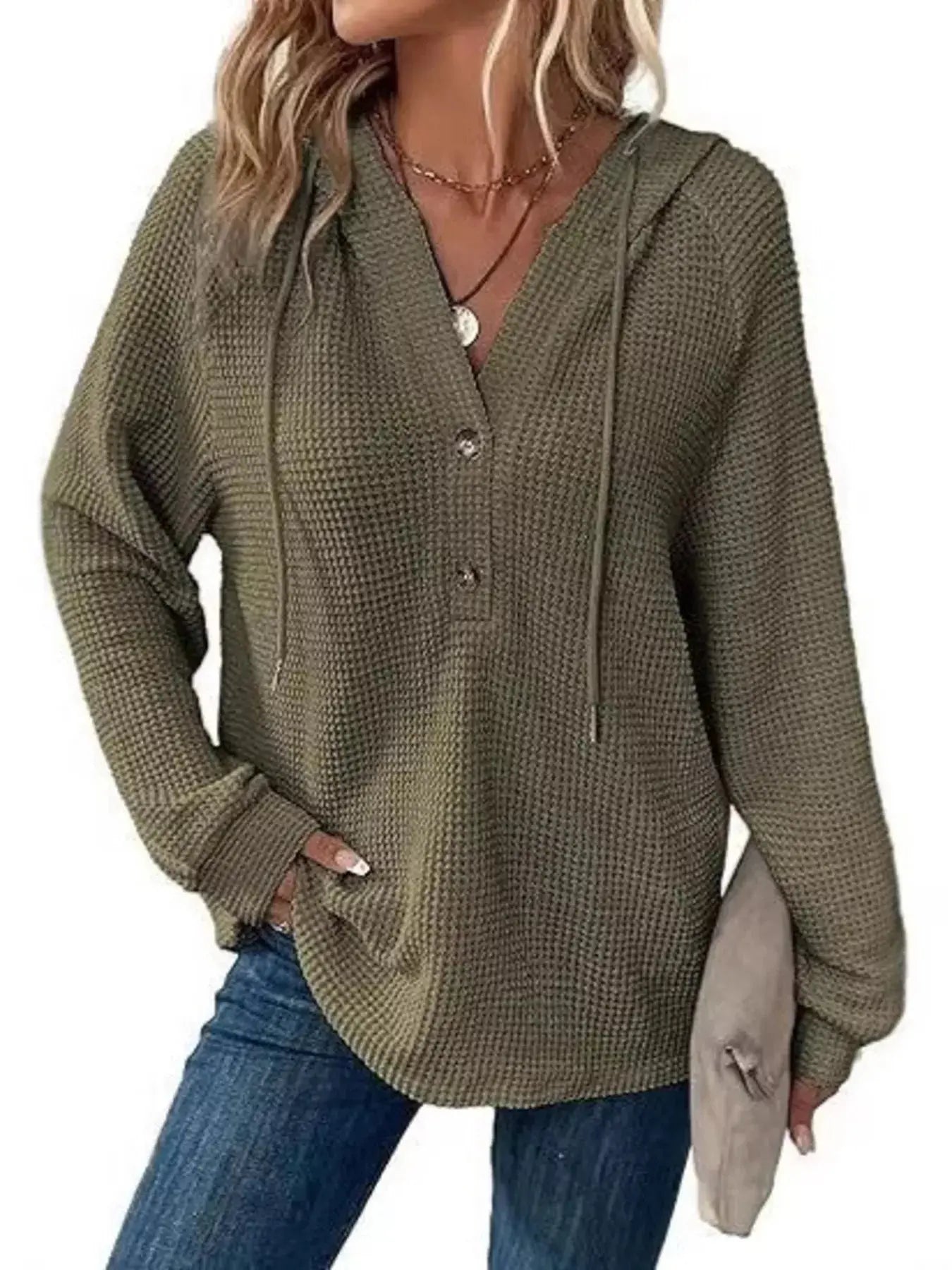 Button Detail Waffle Knit Hoodie Plus Size Trendsi