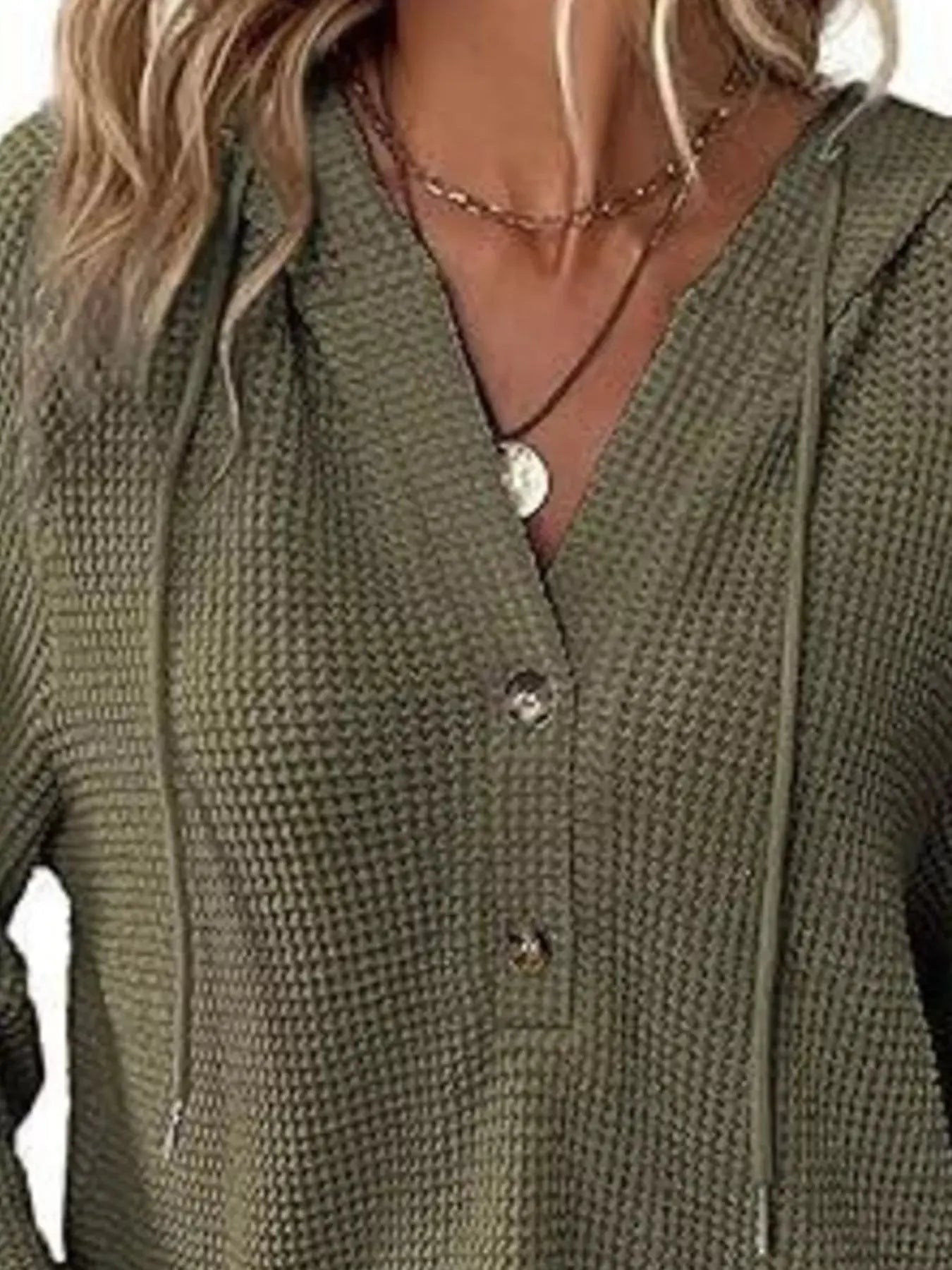 Button Detail Waffle Knit Hoodie Plus Size Trendsi
