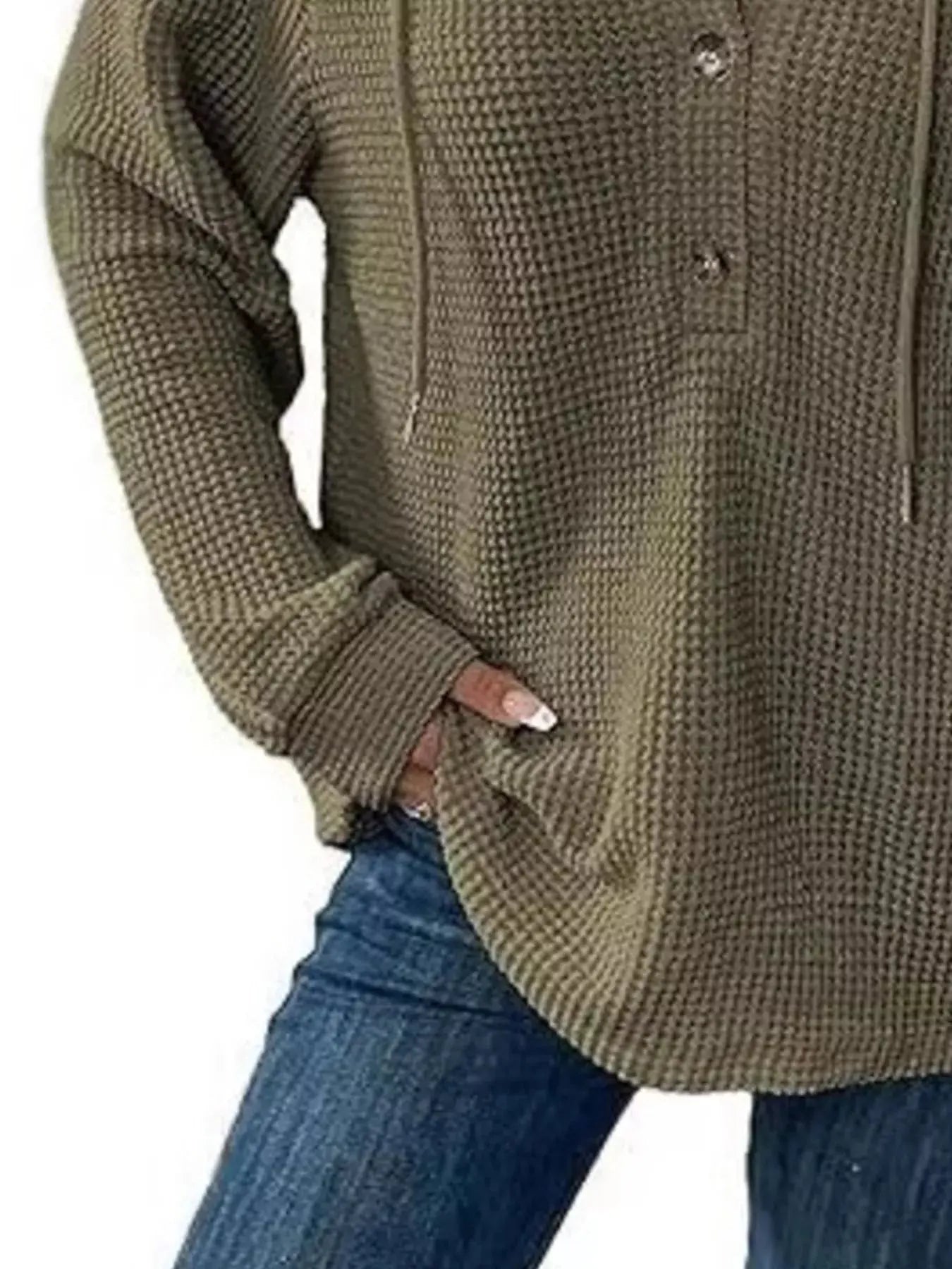 Button Detail Waffle Knit Hoodie Plus Size Trendsi