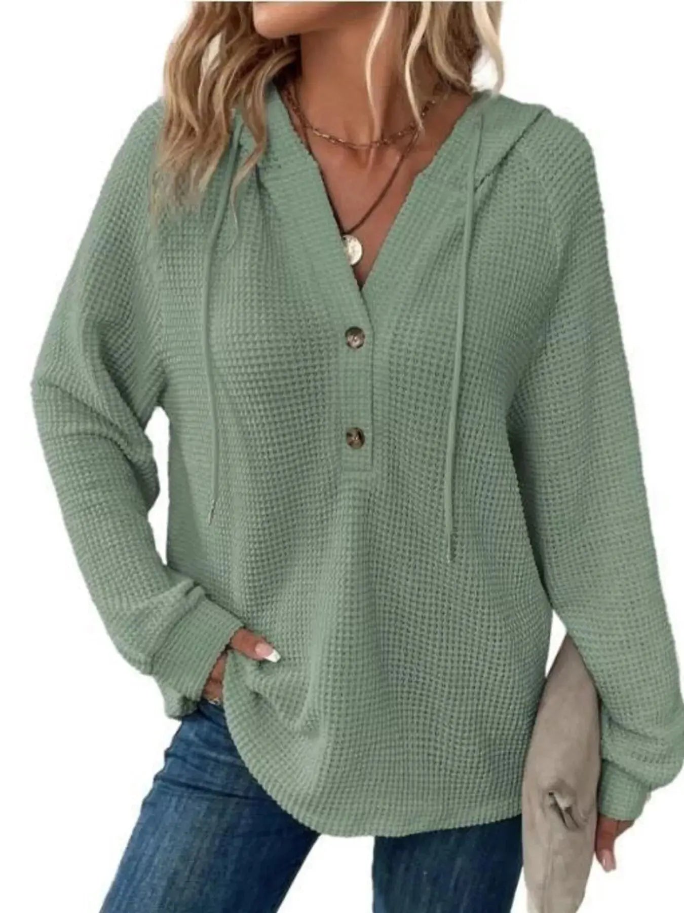 Button Detail Waffle Knit Hoodie Plus Size Trendsi