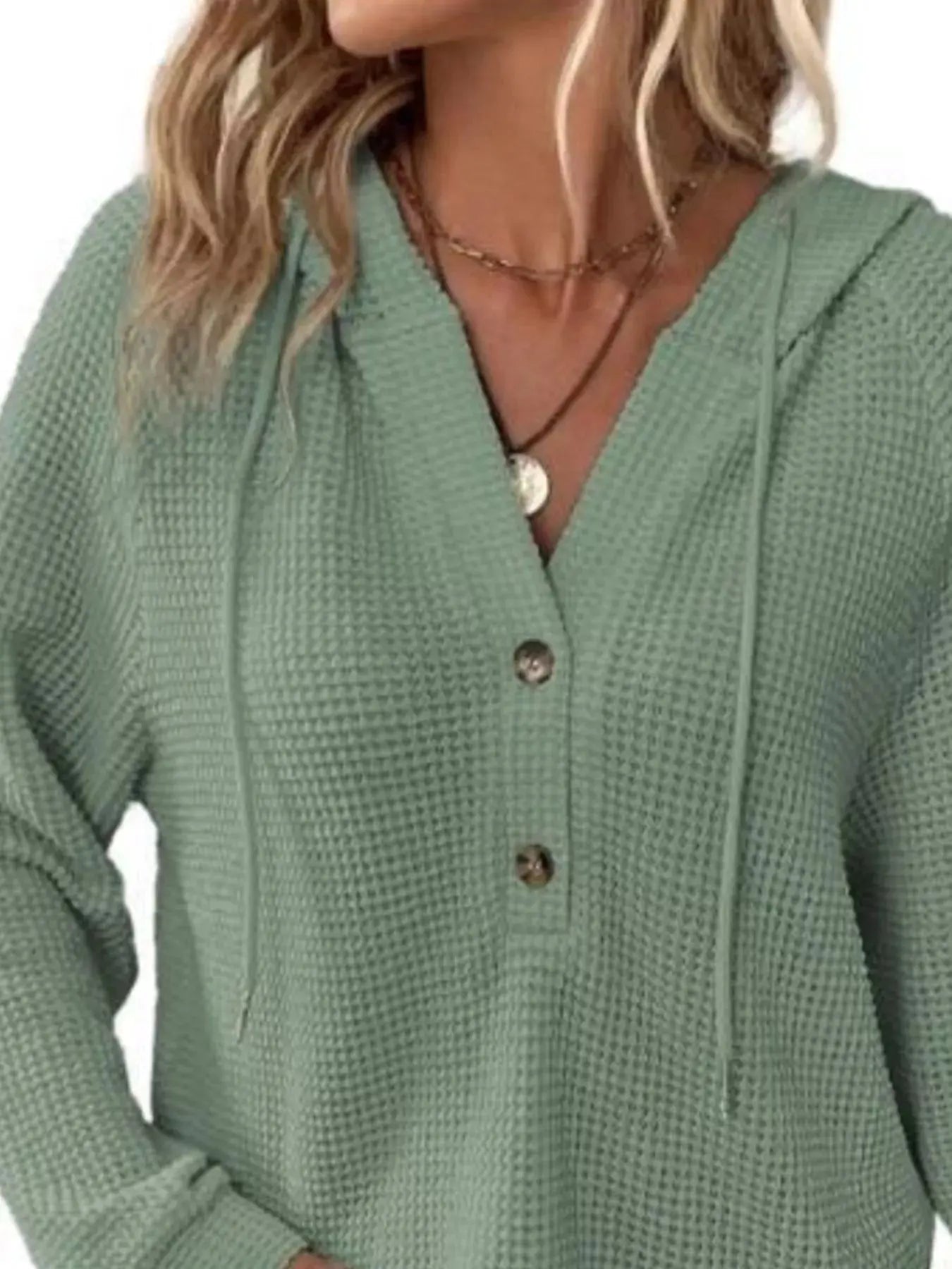Button Detail Waffle Knit Hoodie Plus Size Trendsi