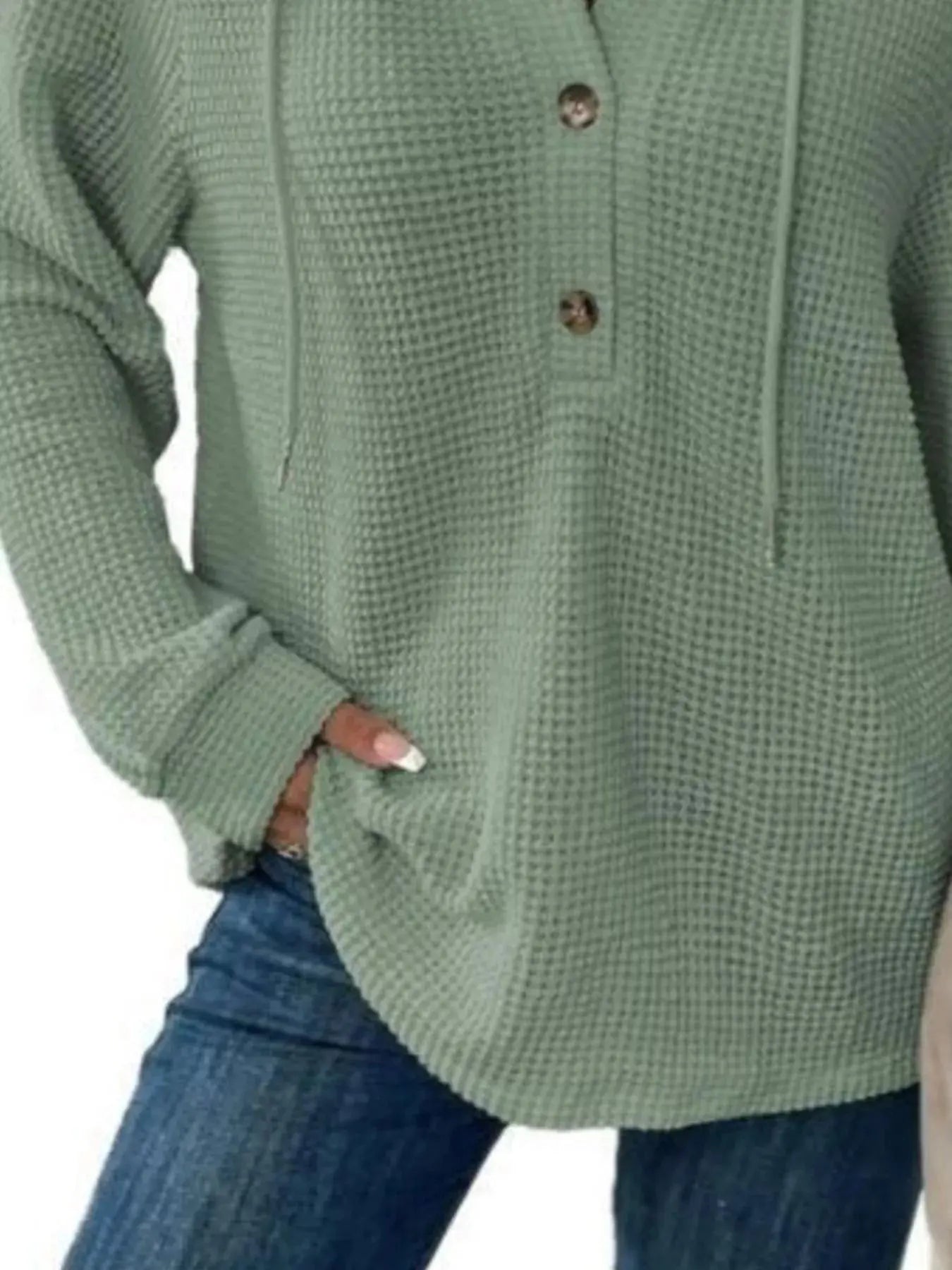 Button Detail Waffle Knit Hoodie Plus Size Trendsi