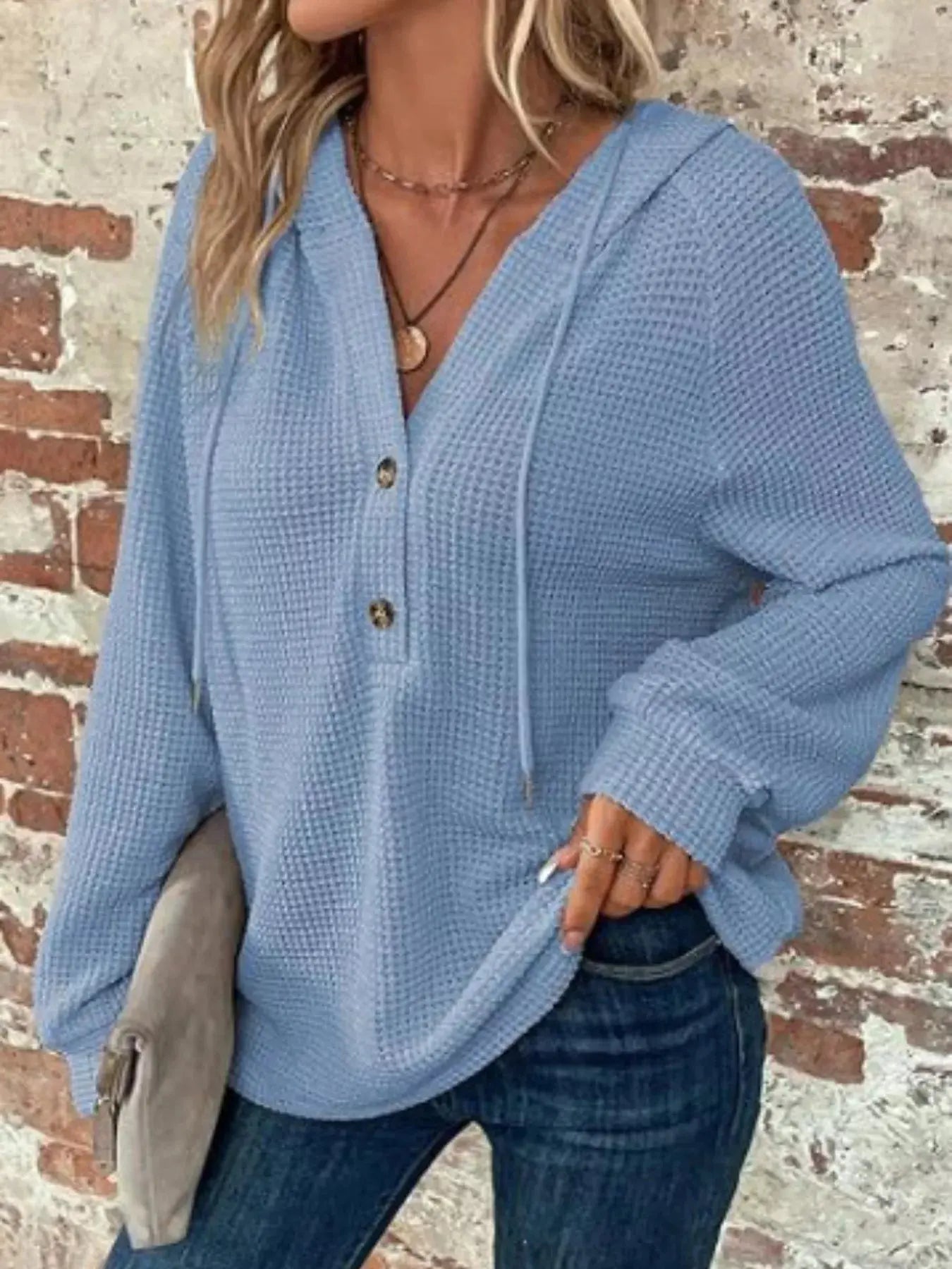 Button Detail Waffle Knit Hoodie Plus Size Trendsi