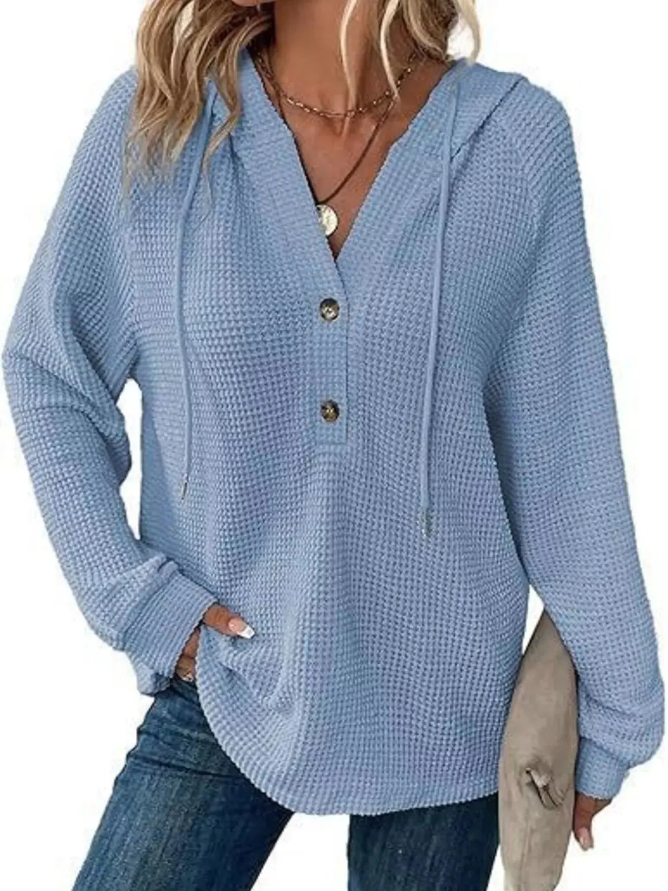 Button Detail Waffle Knit Hoodie Plus Size Trendsi