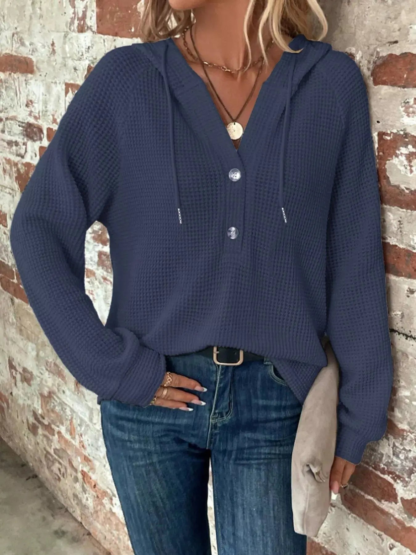 Button Detail Waffle Knit Hoodie Plus Size Trendsi
