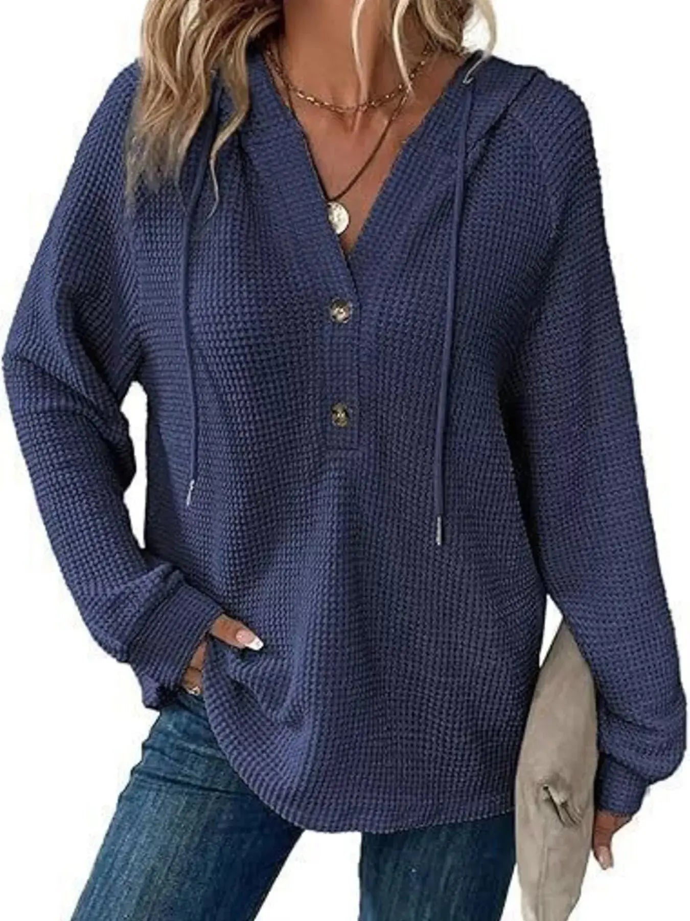 Button Detail Waffle Knit Hoodie Plus Size Trendsi