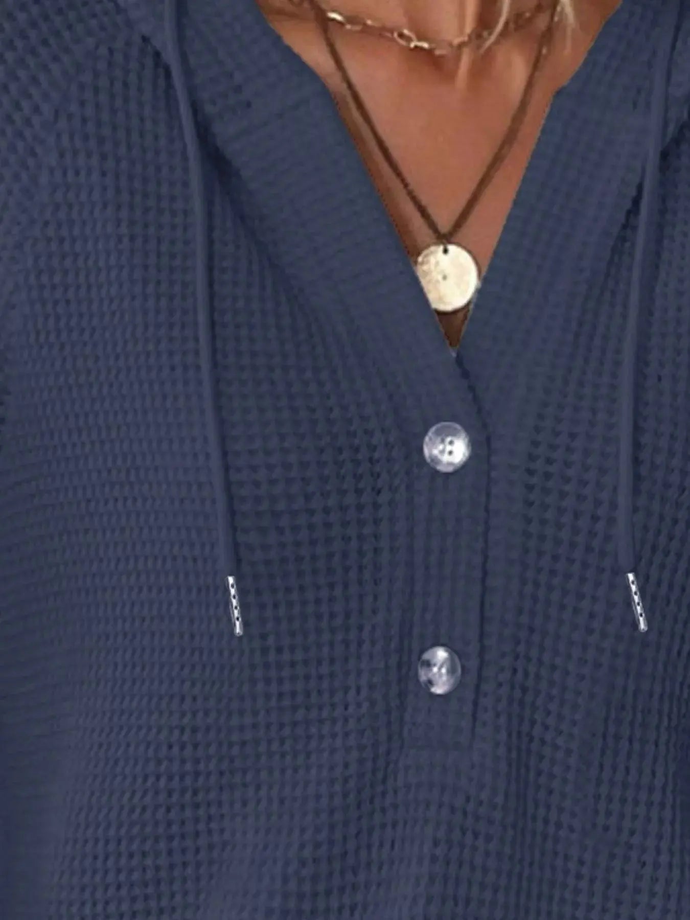 Button Detail Waffle Knit Hoodie Plus Size Trendsi