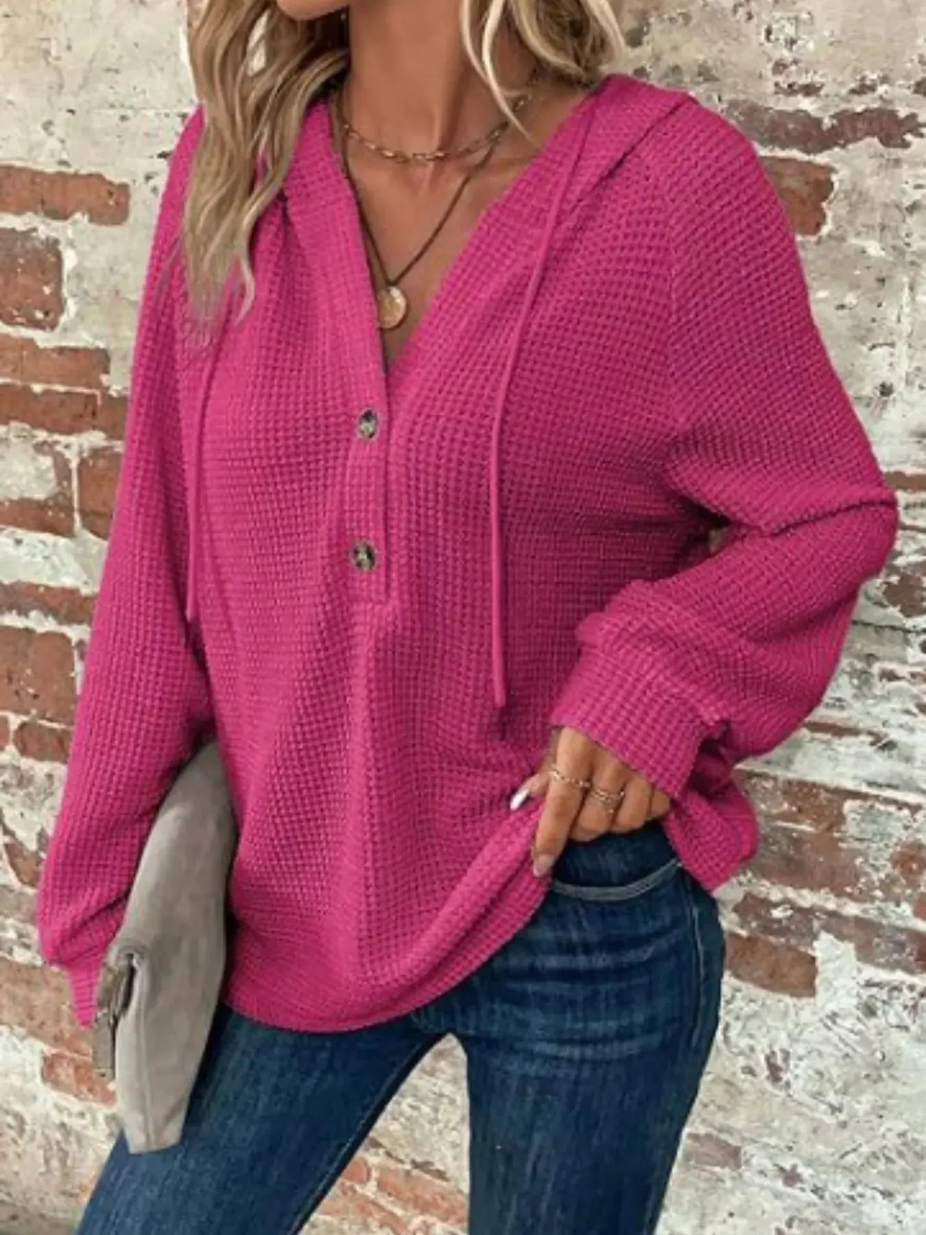 Button Detail Waffle Knit Hoodie Plus Size Trendsi