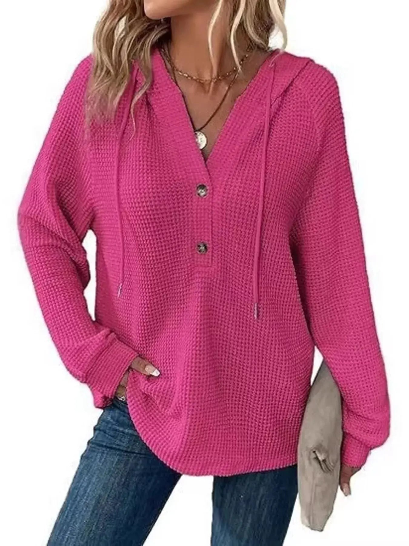 Button Detail Waffle Knit Hoodie Plus Size Trendsi