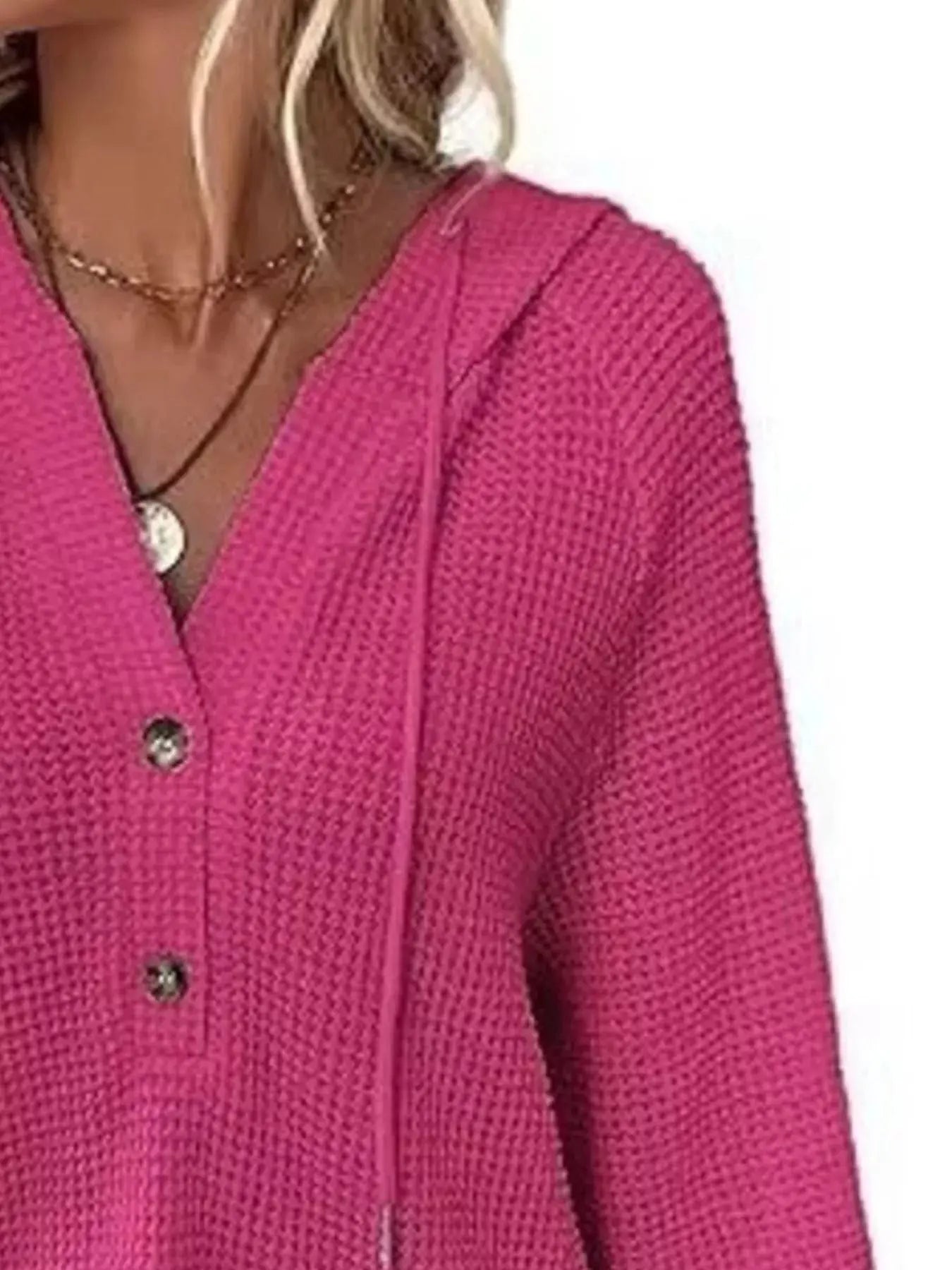 Button Detail Waffle Knit Hoodie Plus Size Trendsi