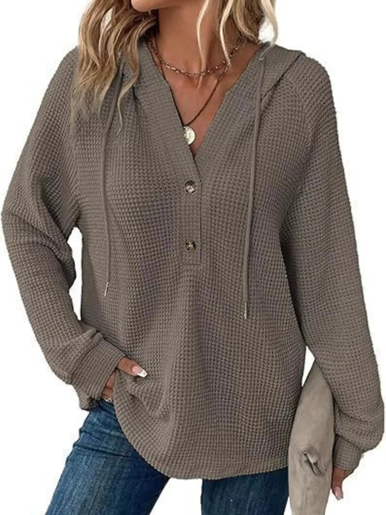 Button Detail Waffle Knit Hoodie Plus Size Trendsi