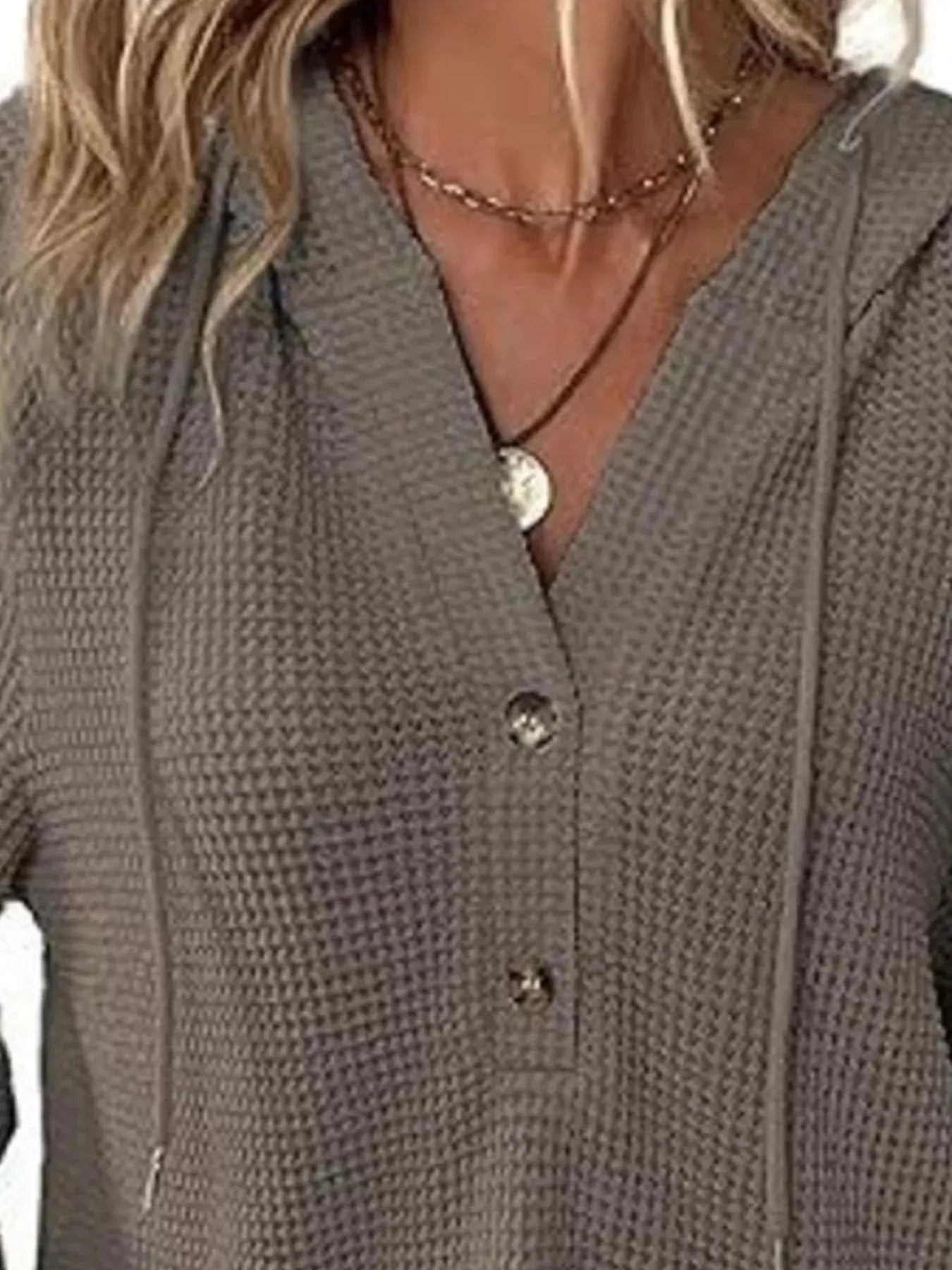Button Detail Waffle Knit Hoodie Plus Size Trendsi