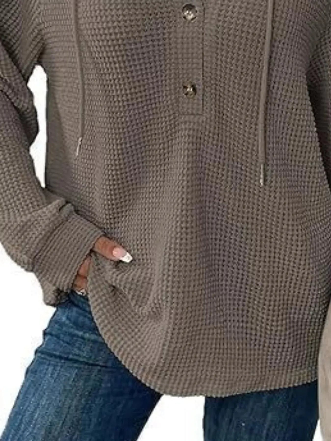 Button Detail Waffle Knit Hoodie Plus Size Trendsi