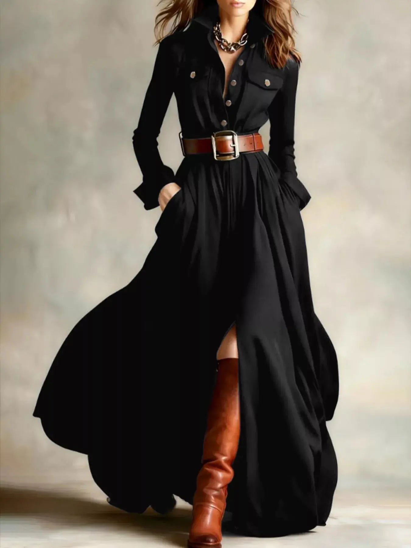 Button Front Long Sleeve Maxi Dress Trendsi