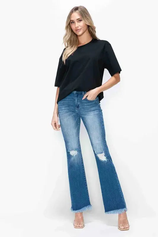 Bytos Full Size Raw Hem Distressed High Rise Bootcut Jeans For Everyday Casual Wear Trendsi