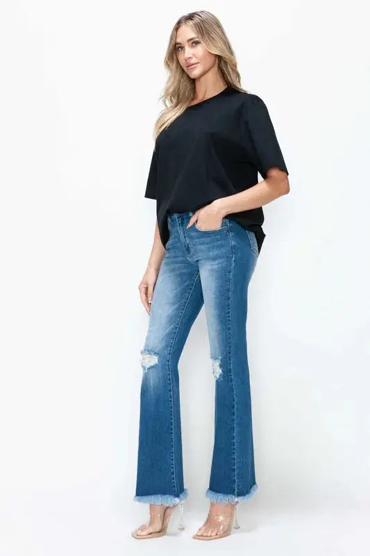 Bytos Full Size Raw Hem Distressed High Rise Bootcut Jeans For Everyday Casual Wear Trendsi