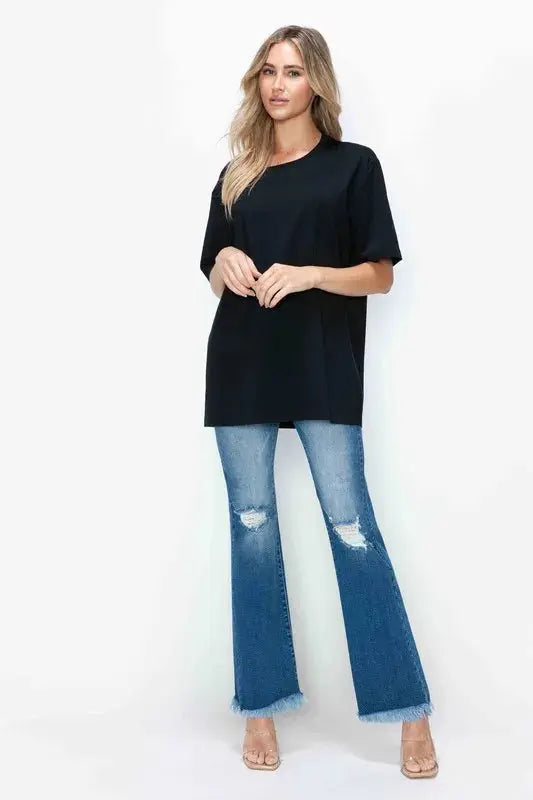 Bytos Full Size Raw Hem Distressed High Rise Bootcut Jeans For Everyday Casual Wear Trendsi