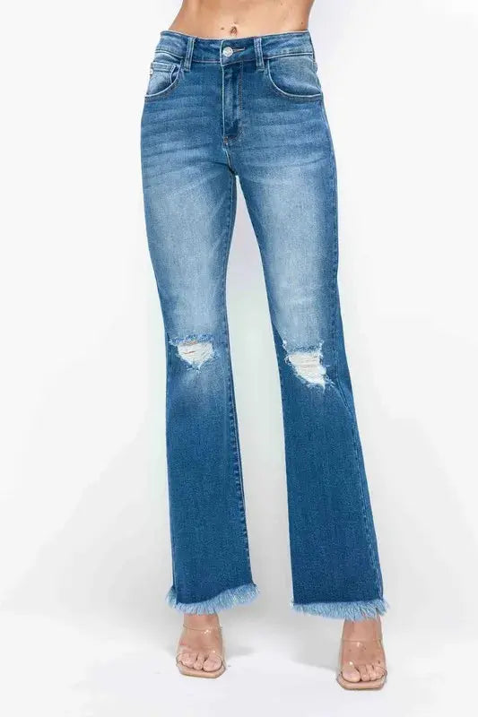 Bytos Full Size Raw Hem Distressed High Rise Bootcut Jeans For Everyday Casual Wear Trendsi