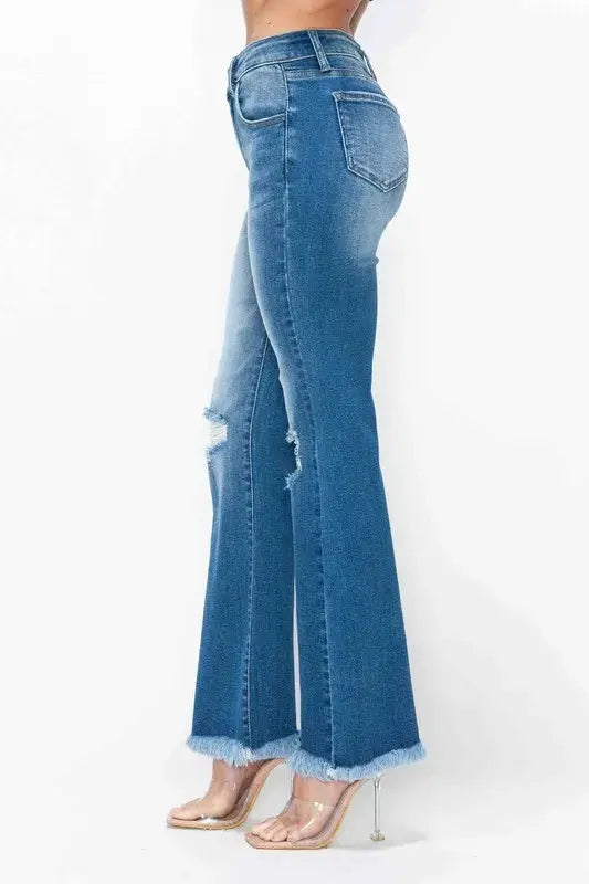 Bytos Full Size Raw Hem Distressed High Rise Bootcut Jeans For Everyday Casual Wear Trendsi