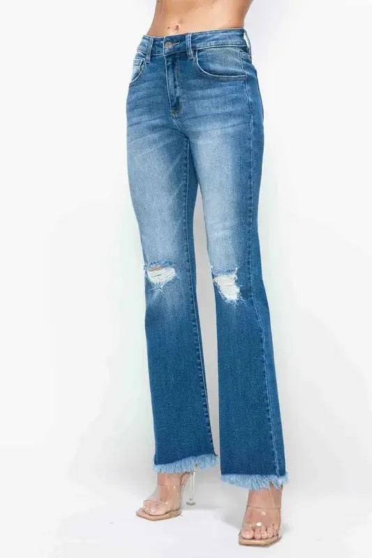Bytos Full Size Raw Hem Distressed High Rise Bootcut Jeans For Everyday Casual Wear Trendsi