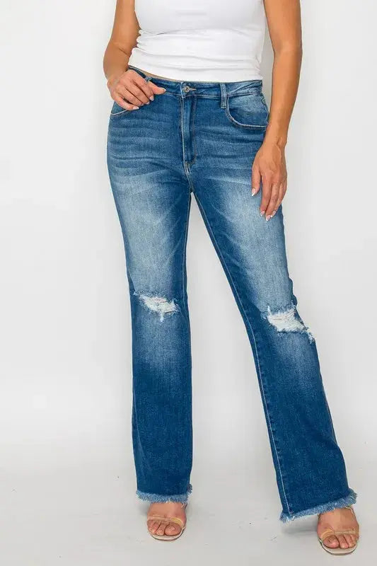 Bytos Full Size Raw Hem Distressed High Rise Bootcut Jeans For Everyday Casual Wear Trendsi