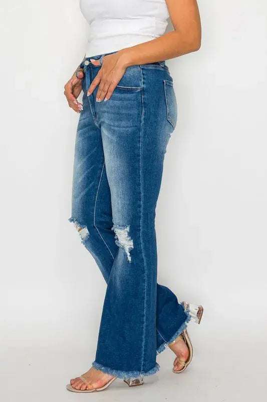 Bytos Full Size Raw Hem Distressed High Rise Bootcut Jeans For Everyday Casual Wear Trendsi