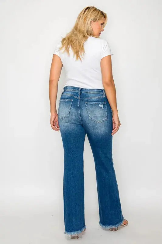 Bytos Full Size Raw Hem Distressed High Rise Bootcut Jeans For Everyday Casual Wear Trendsi