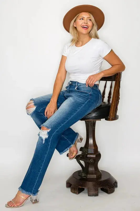 Bytos Full Size Raw Hem Distressed High Rise Bootcut Jeans For Everyday Casual Wear Trendsi