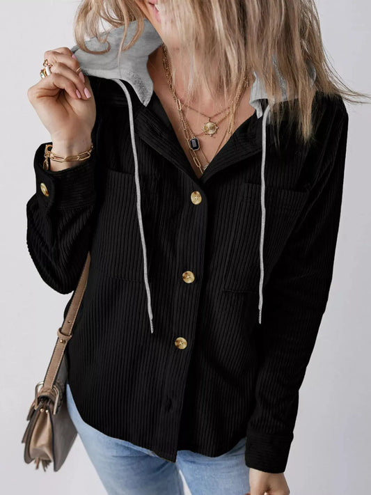 Casual Corduroy Button-Down Hooded Jacket Trendsi